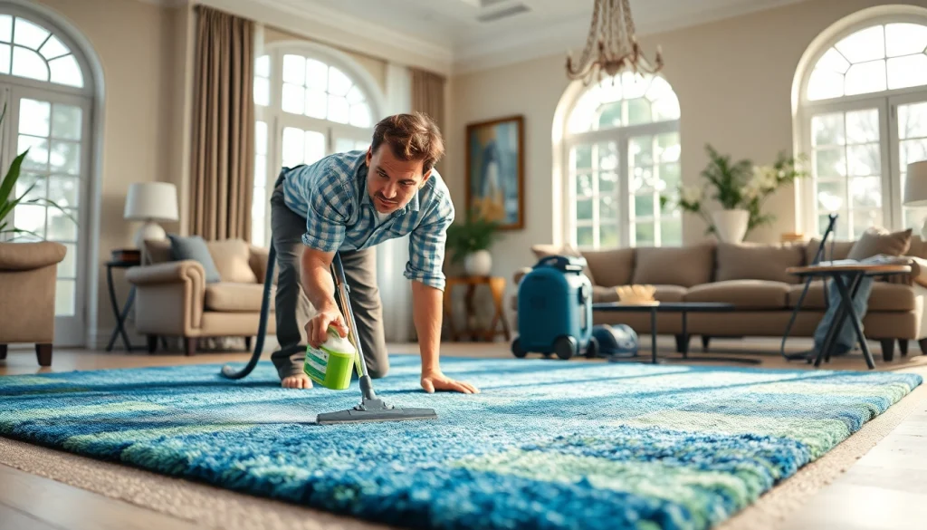 Showcase carpet cleaning specials with a professional technician diligently cleaning an elegant area rug.