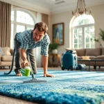 Showcase carpet cleaning specials with a professional technician diligently cleaning an elegant area rug.
