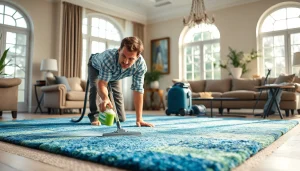 Showcase carpet cleaning specials with a professional technician diligently cleaning an elegant area rug.