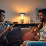 Engaging in nsfw ai chat on smart devices in a stylish living room.