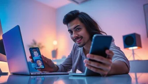 Engaging with an nsfw character ai on a modern device in a vibrant workspace