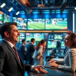 Sports Broadcasting studio with engaged anchors creating an energetic atmosphere in front of screens.