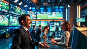 Sports Broadcasting studio with engaged anchors creating an energetic atmosphere in front of screens.