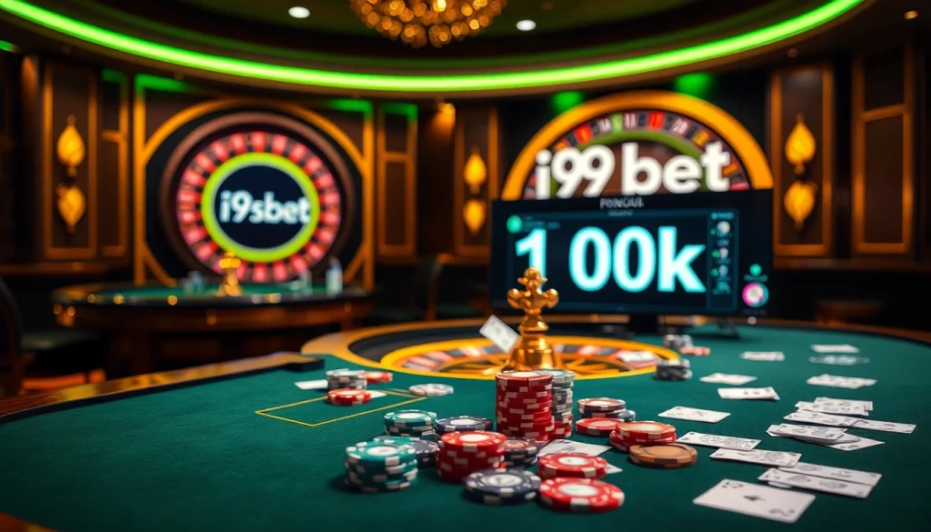 Play exciting games at i9bet 100k with vibrant casino visuals, showcasing poker chips and roulette.