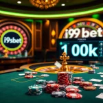 Play exciting games at i9bet 100k with vibrant casino visuals, showcasing poker chips and roulette.