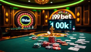Play exciting games at i9bet 100k with vibrant casino visuals, showcasing poker chips and roulette.