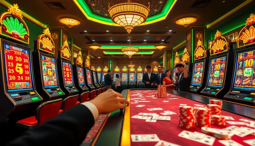 Players engaging with nổ hũ slot machines in an upscale casino atmosphere, celebrating wins.