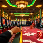 Players engaging with nổ hũ slot machines in an upscale casino atmosphere, celebrating wins.