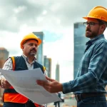 New York City Construction Manager discussing plans at construction site, showcasing urban development.