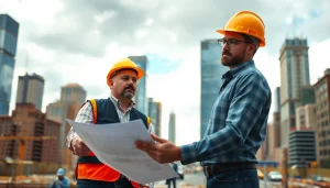 New York City Construction Manager discussing plans at construction site, showcasing urban development.