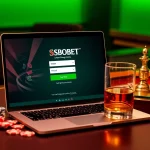 Sbobet login on a modern laptop surrounded by casino elements like poker chips and a roulette wheel.