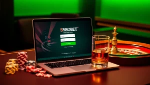 Sbobet login on a modern laptop surrounded by casino elements like poker chips and a roulette wheel.