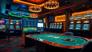 Experience sbobet login with luxurious casino tables and vibrant slot machines in a modern online gambling atmosphere.