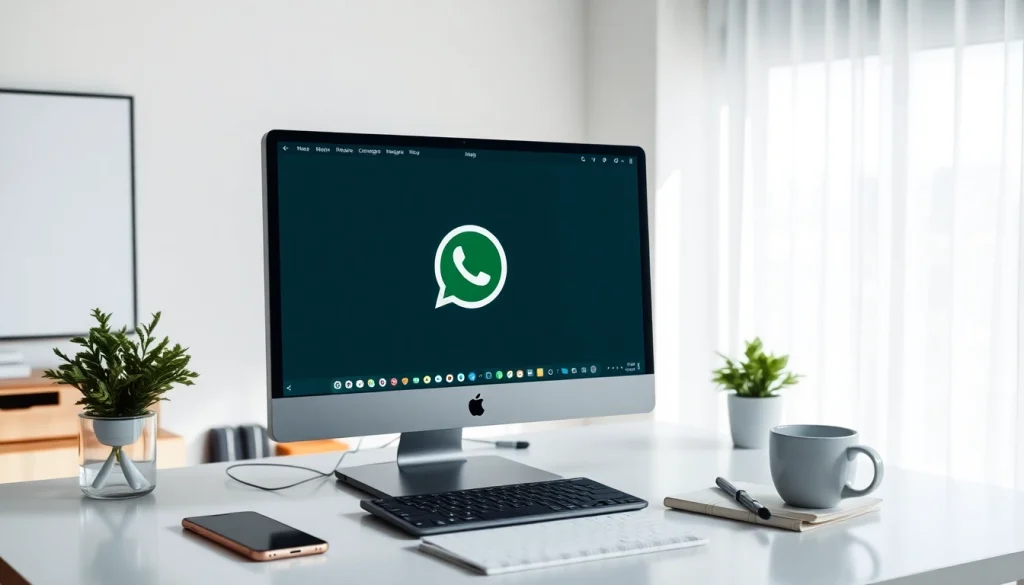 桌面屏幕上展示 WhatsApp Web 的沉浸式工作区，呈现现代通信工具。