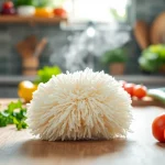 Scrubbing with a kitchen loofah scrubber amidst vibrant vegetables for a fresh cooking feel.