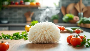 Scrubbing with a kitchen loofah scrubber amidst vibrant vegetables for a fresh cooking feel.