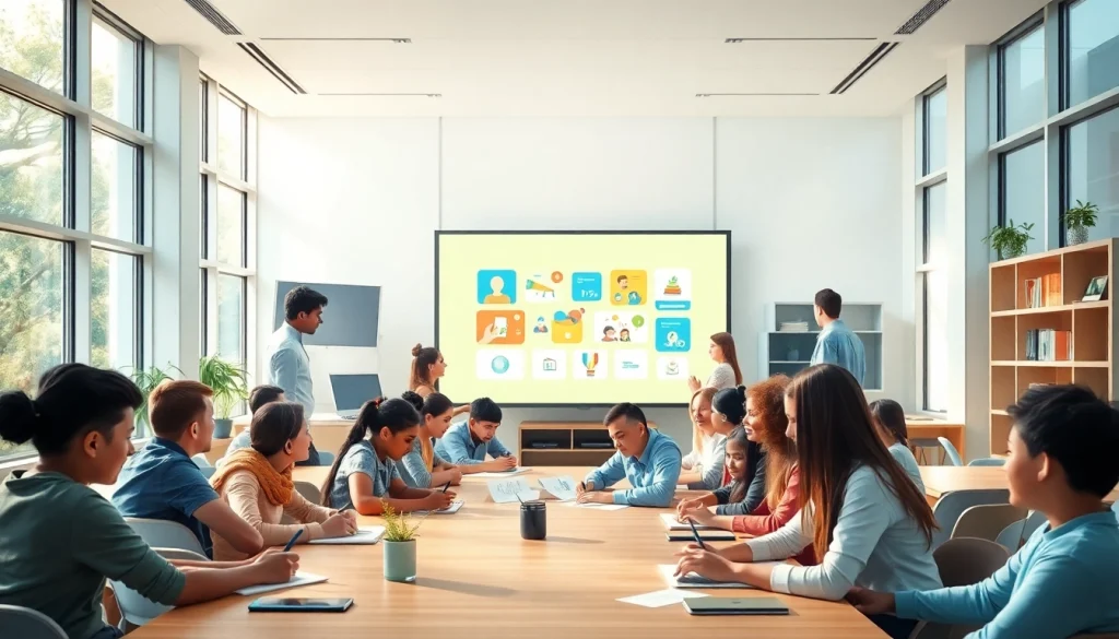 Education-focused classroom with diverse students collaborating on projects.