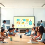 Education-focused classroom with diverse students collaborating on projects.