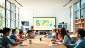 Education-focused classroom with diverse students collaborating on projects.