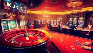 Engage in gambling excitement at KJC with vibrant slot machines and a lively roulette table.