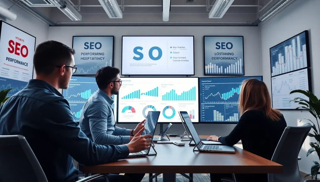 Visual representation of a team driving SEO performance through data analysis and collaboration in an office.