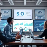 Visual representation of a team driving SEO performance through data analysis and collaboration in an office.