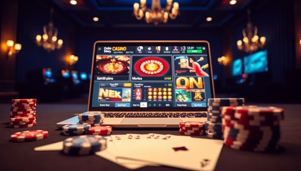 Interface de jeu en ligne engageante représentant le casino en ligne Français avec des jeux vibrants.