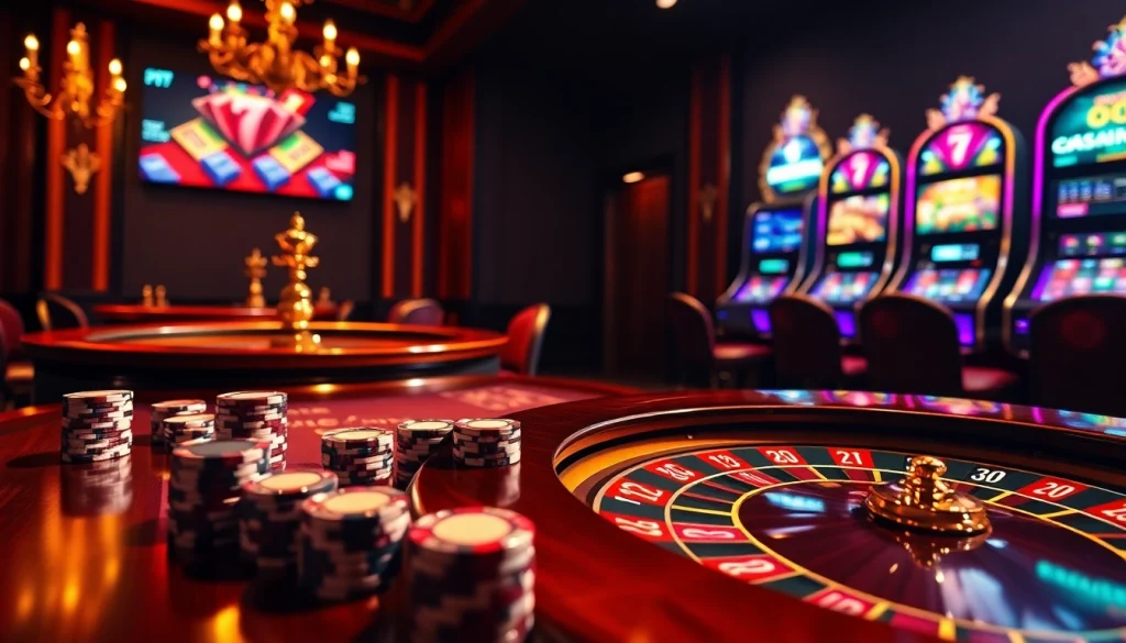 Découvrez une action palpitante dans les casinos en ligne, avec des jetons de poker et des roues de roulette dans un cadre luxueux.