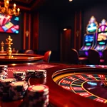 Découvrez une action palpitante dans les casinos en ligne, avec des jetons de poker et des roues de roulette dans un cadre luxueux.