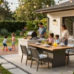 Family enjoying the outdoor living configurator in a beautifully designed backyard.