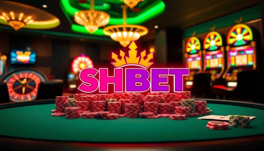 SHBET gaming table with colorful poker chips and casino elements in a luxurious setting.