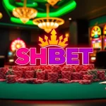 SHBET gaming table with colorful poker chips and casino elements in a luxurious setting.