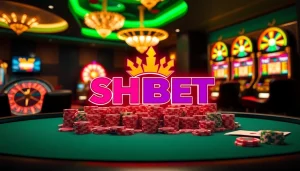 SHBET gaming table with colorful poker chips and casino elements in a luxurious setting.