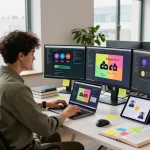 AI developer generating image to prompt descriptions with multiple monitors in a modern workspace.