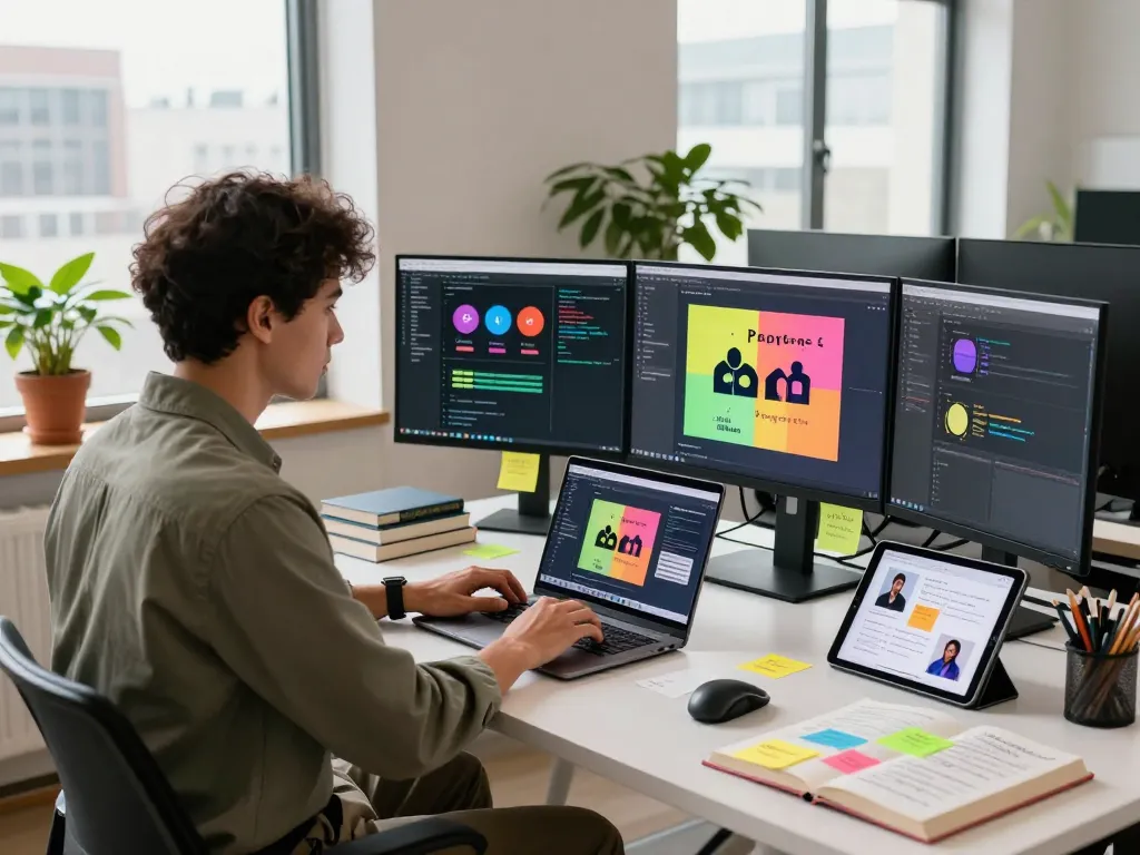 AI developer generating image to prompt descriptions with multiple monitors in a modern workspace.
