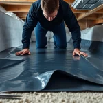 Technician performing vapor barrier installation in a clean crawl space environment, showcasing durable plastic.