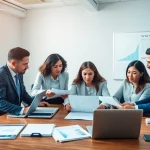 Business professionals practicing corporate tax return filing in UAE in a modern office setting.