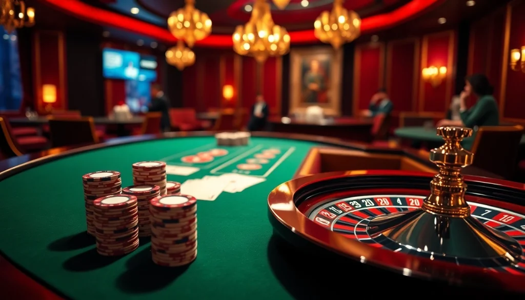 Engager les joueurs dans un luxueux casino en ligne Français avec des jetons de poker et une roue de roulette.
