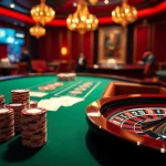 Engager les joueurs dans un luxueux casino en ligne Français avec des jetons de poker et une roue de roulette.