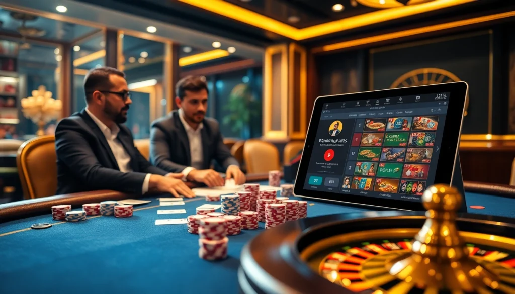 Engaged players at poker table with colorful chips, showcasing the excitement of KJC Global gambling.
