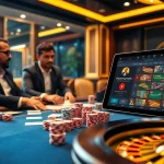 Engaged players at poker table with colorful chips, showcasing the excitement of KJC Global gambling.