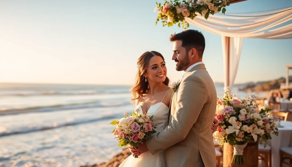 Carmel wedding photography features a romantic couple at a beautiful beach venue.