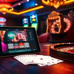 Scène de jeu en ligne captivante présentant un casino en ligne Français avec des jetons de poker et des cartes.