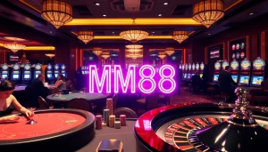 MM88 casino scene showcasing vibrant poker tables and roulette wheels in a luxurious environment