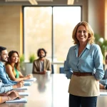 Leadership coach engaging a diverse audience in a professional setting with collaborative energy.