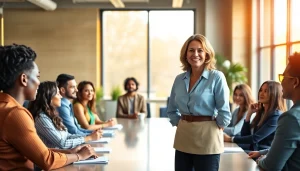 Leadership coach engaging a diverse audience in a professional setting with collaborative energy.