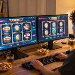 Person playing slot bet kecil online at home, showing vibrant gameplay and cozy setup.