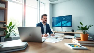 Spotkanie księgowego z klientem w nowoczesnym biurze, podkreślające lokalne usługi finansowe Plus.