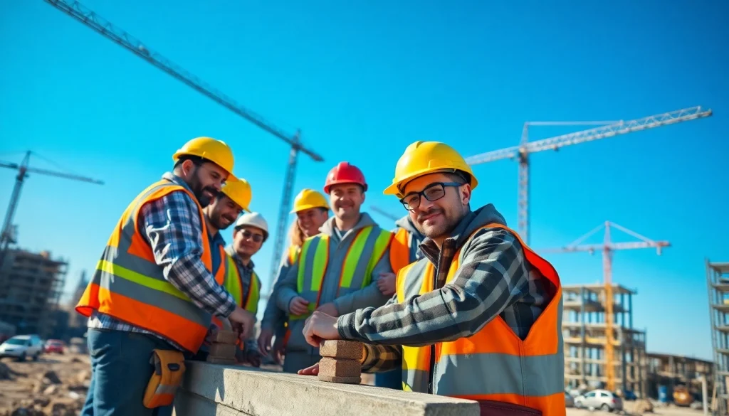 Teamwork in a construction career as professionals collaborate on a busy job site.