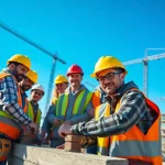 Teamwork in a construction career as professionals collaborate on a busy job site.